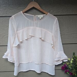 Anthropolpgie En Elly Blush Distressed Laser Cut Out Ruffle Blouse M Crepe